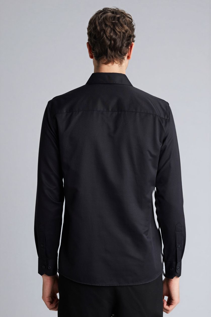 Erkek Siyah Slım Fıt Polo Yaka Uzun Kollu Gömlek
