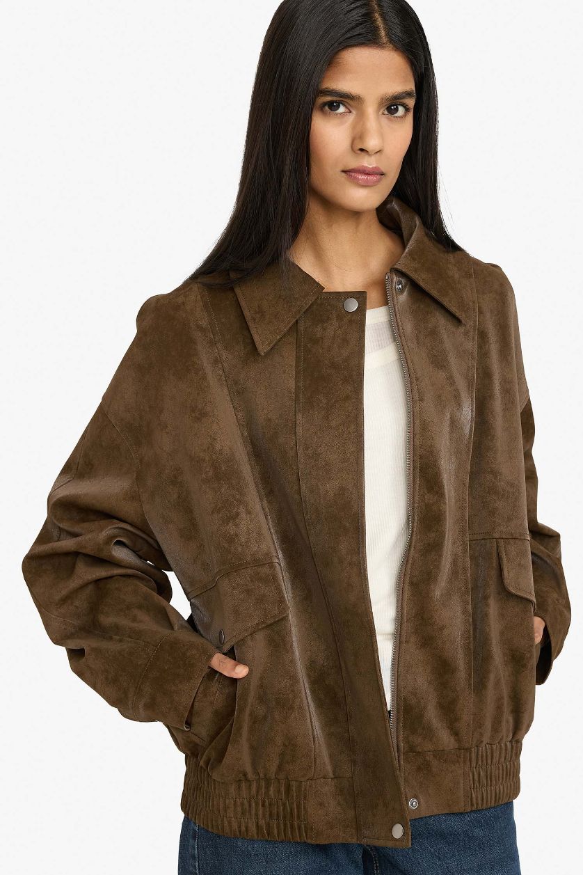 Woman Brown Waterproof Dad Fit Polo Collar Faux Leather Jacket