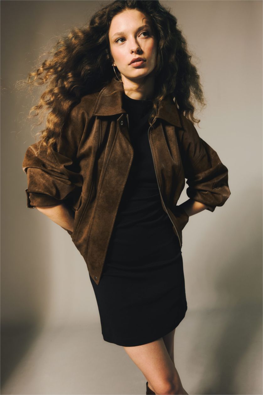 Woman Brown Waterproof Dad Fit Polo Collar Faux Leather Jacket