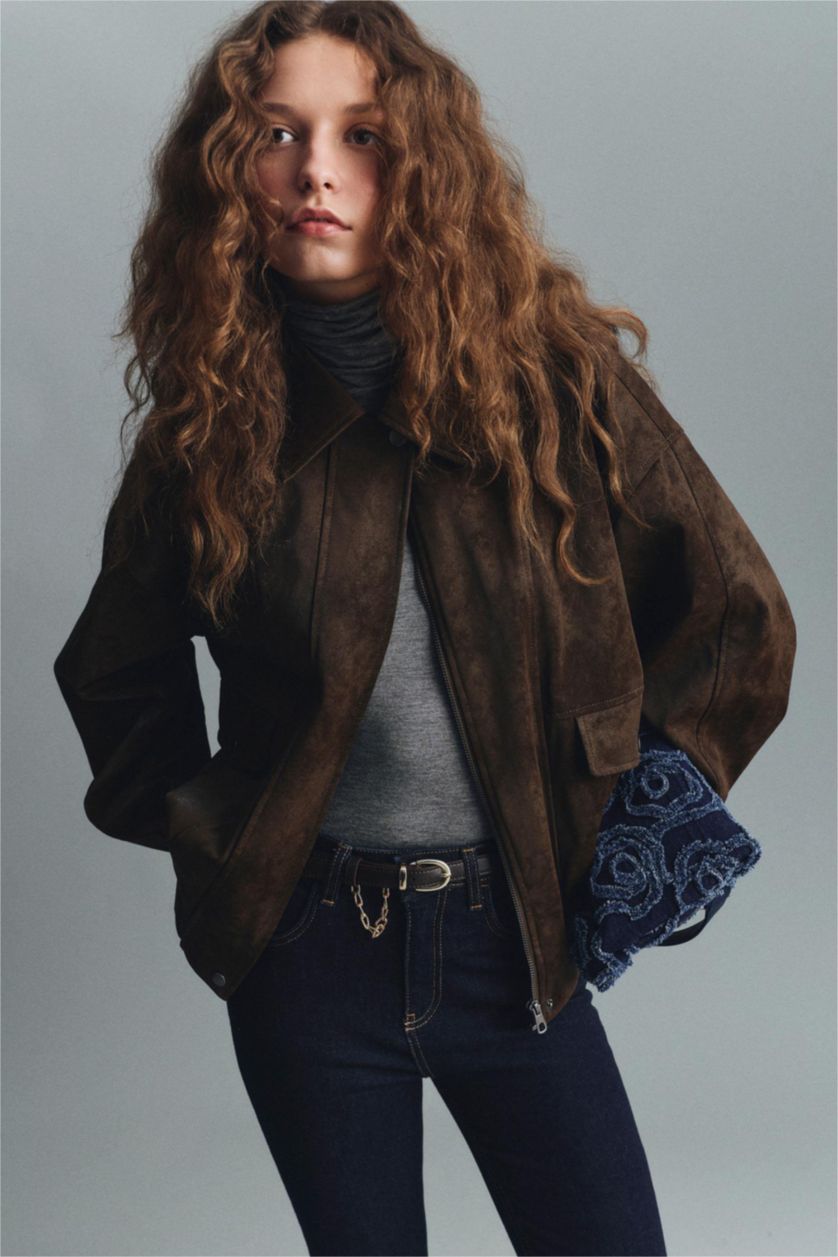 Woman Brown Waterproof Dad Fit Polo Collar Faux Leather Jacket