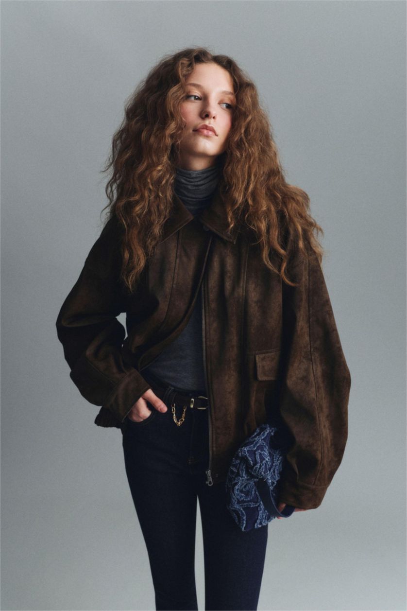 Woman Brown Waterproof Dad Fit Polo Collar Faux Leather Jacket