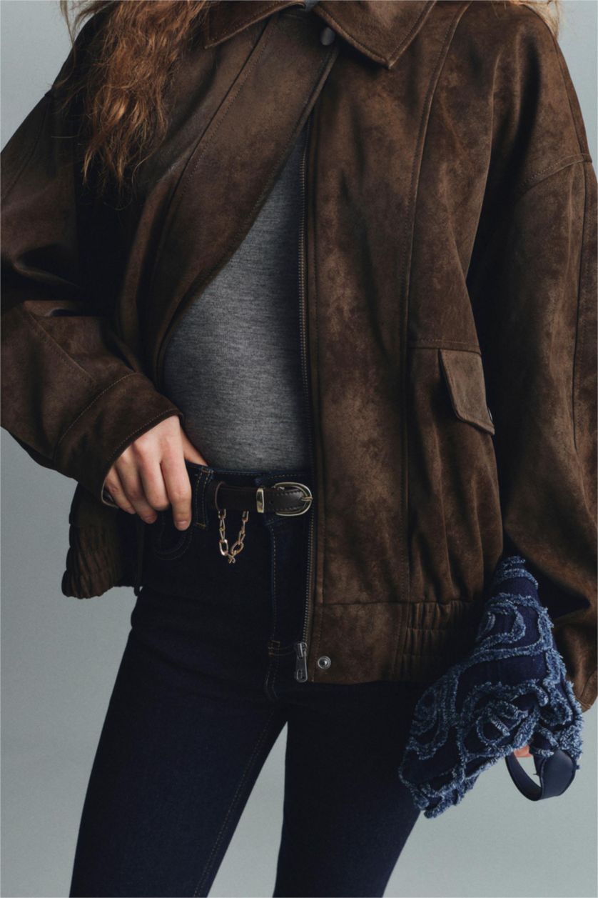 Woman Brown Waterproof Dad Fit Polo Collar Faux Leather Jacket