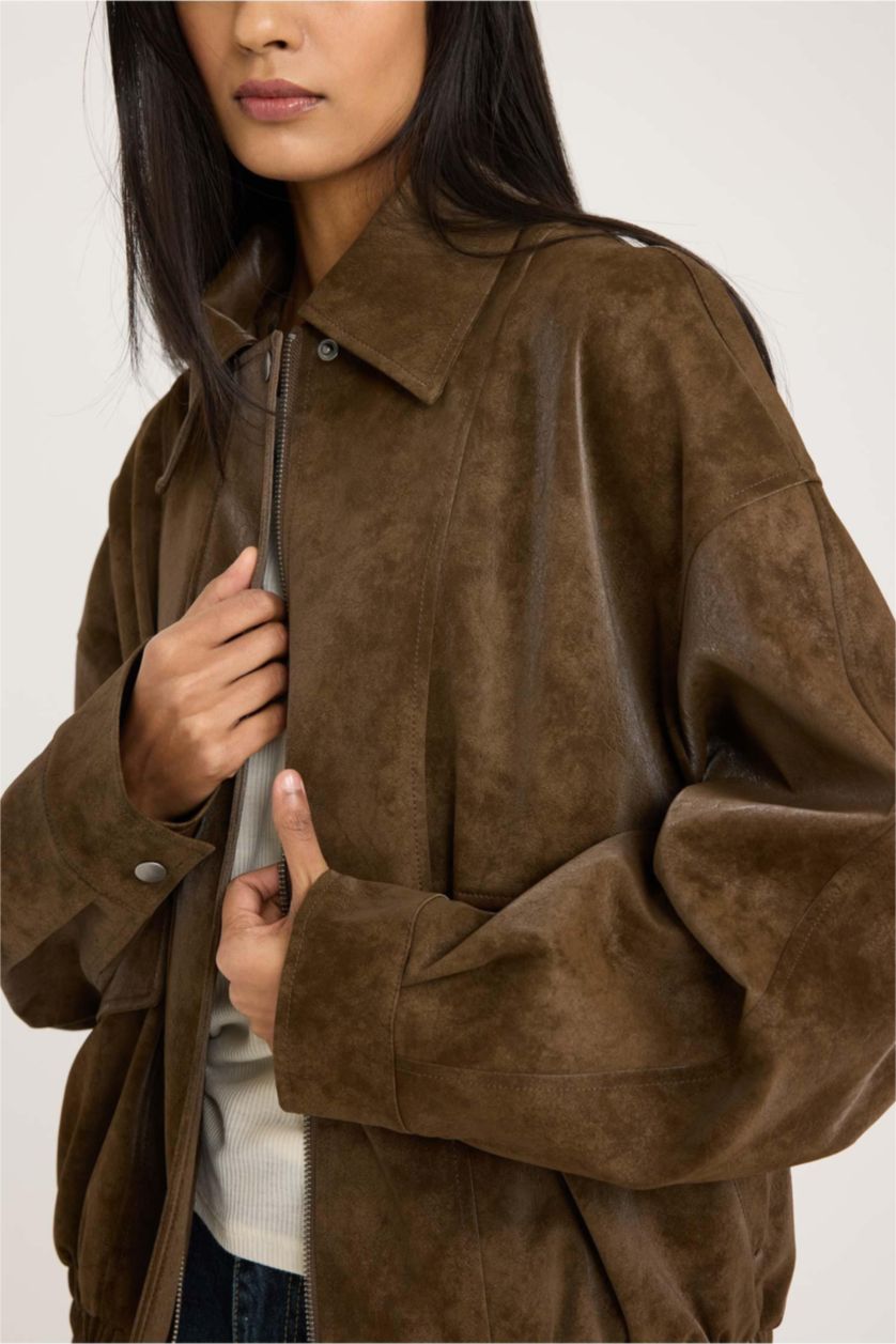 Woman Brown Waterproof Dad Fit Polo Collar Faux Leather Jacket