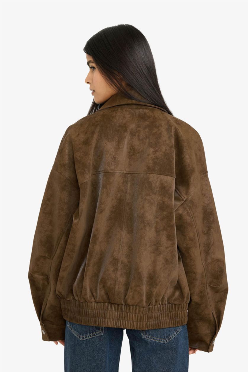 Woman Brown Waterproof Dad Fit Polo Collar Faux Leather Jacket