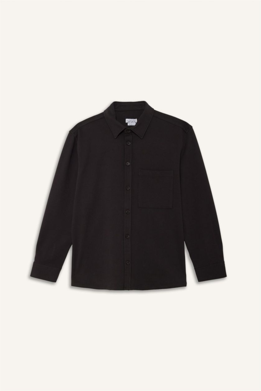 Erkek Kahve Relax Fıt Polo Yaka Penye Uzun Kollu Gömlek