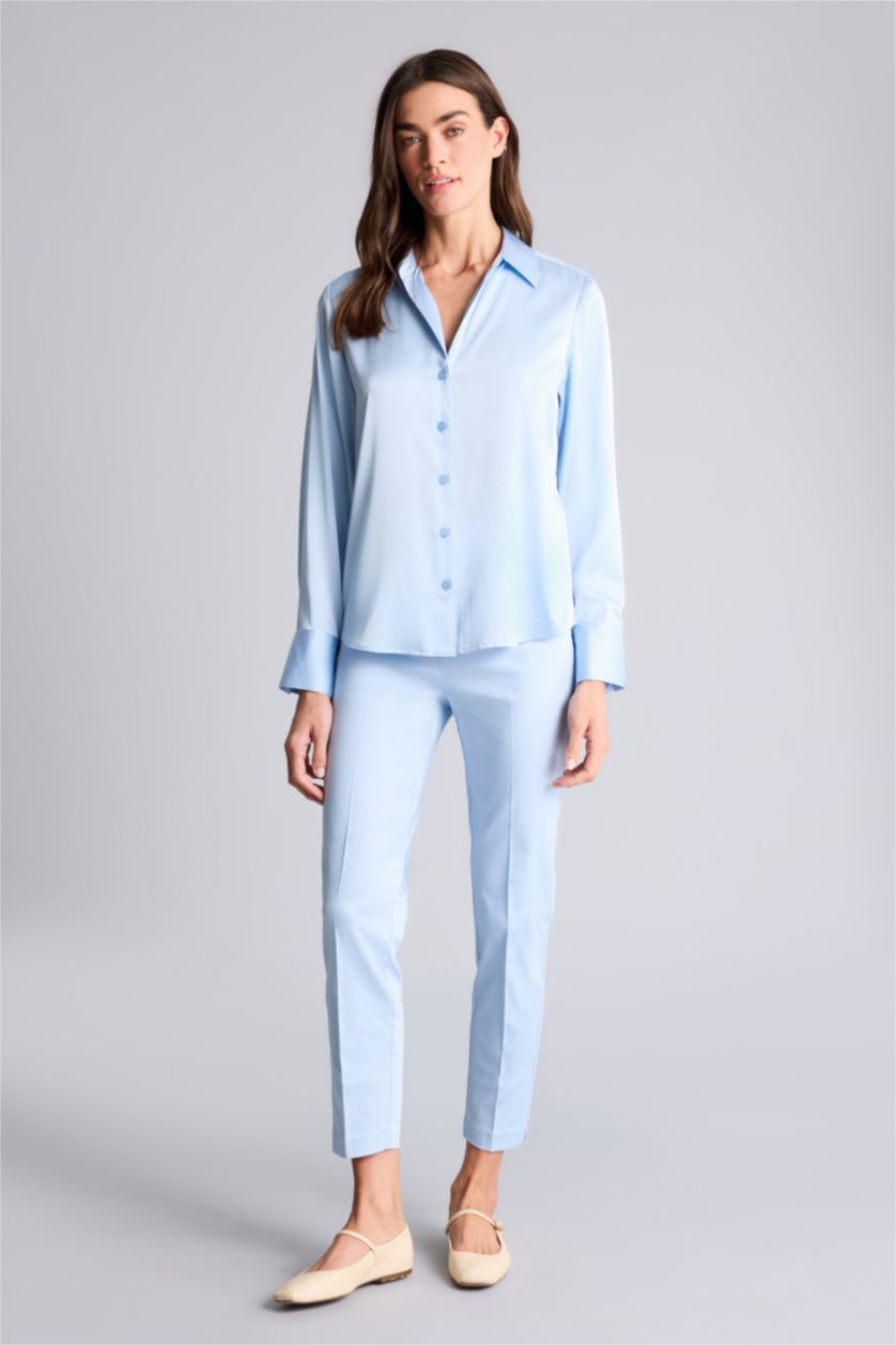 WOMAN Light Blue Regular Fit Shirt Collar Satin Long Sleeve Shirt