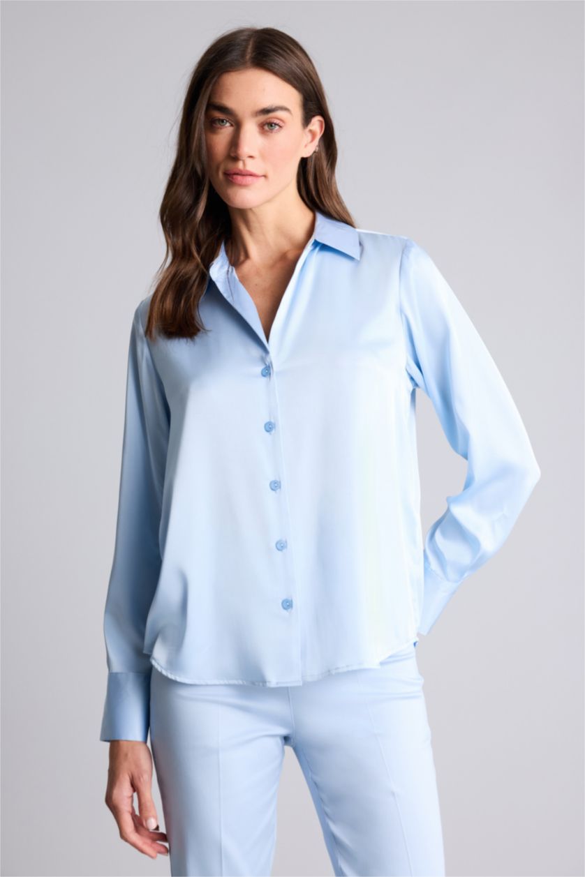 WOMAN Light Blue Regular Fit Shirt Collar Satin Long Sleeve Shirt