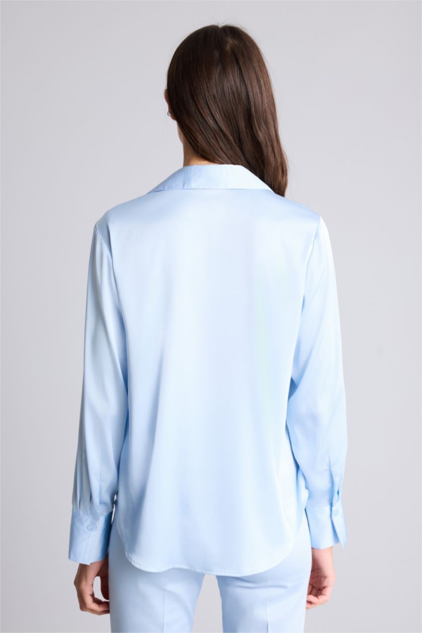 WOMAN Light Blue Regular Fit Shirt Collar Satin Long Sleeve Shirt