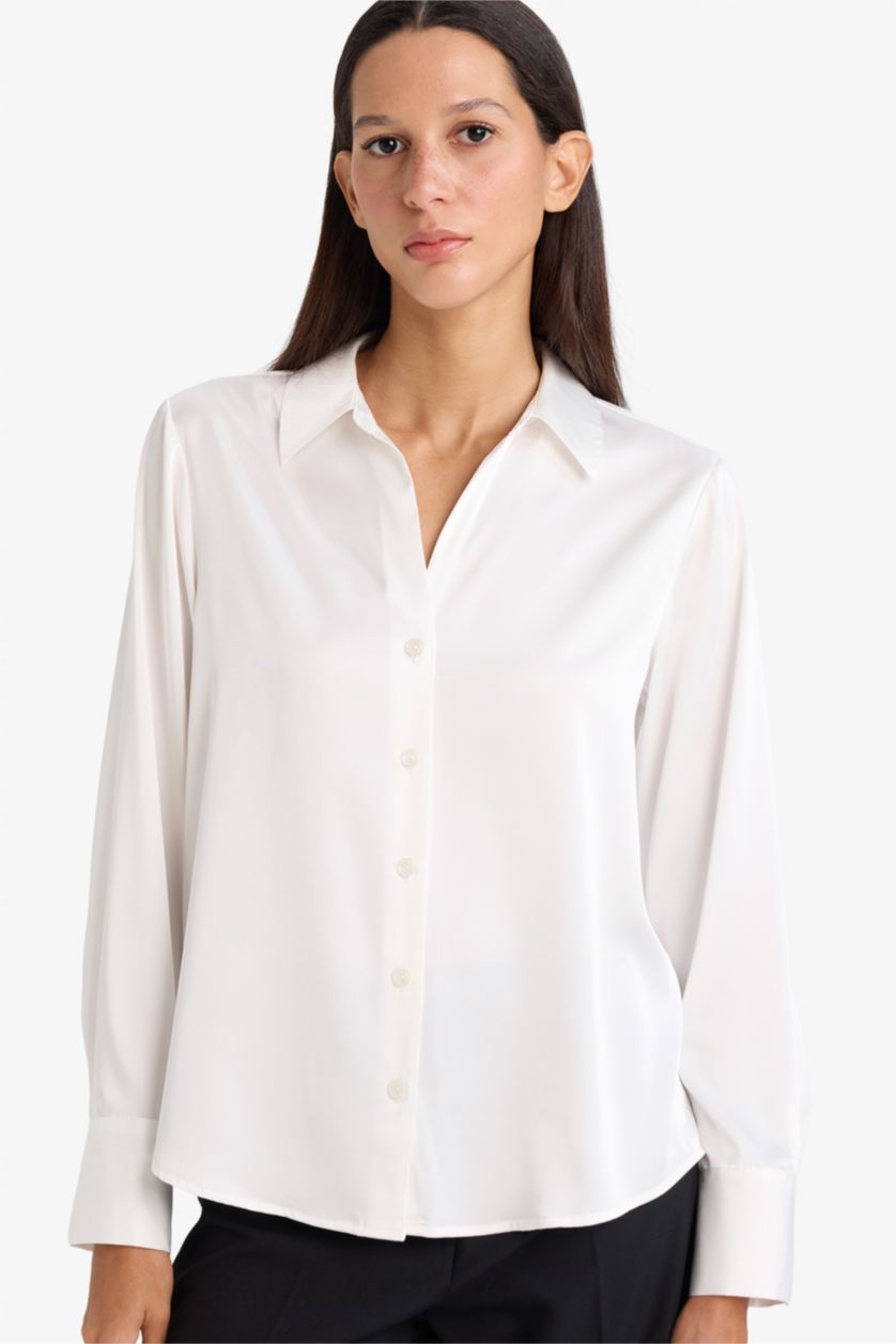 WOMAN White Regular Fit Shirt Collar Satin Long Sleeve Shirt