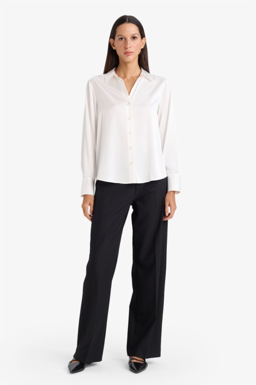 WOMAN White Regular Fit Shirt Collar Satin Long Sleeve Shirt