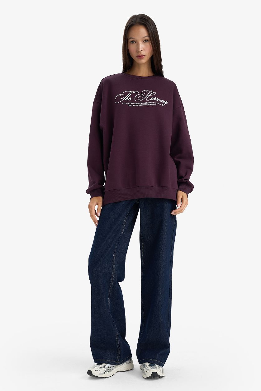 Kadın Koyu Mor Oversize Geniş Kalıp Bisiklet Yaka Baskılı Sweatshirt