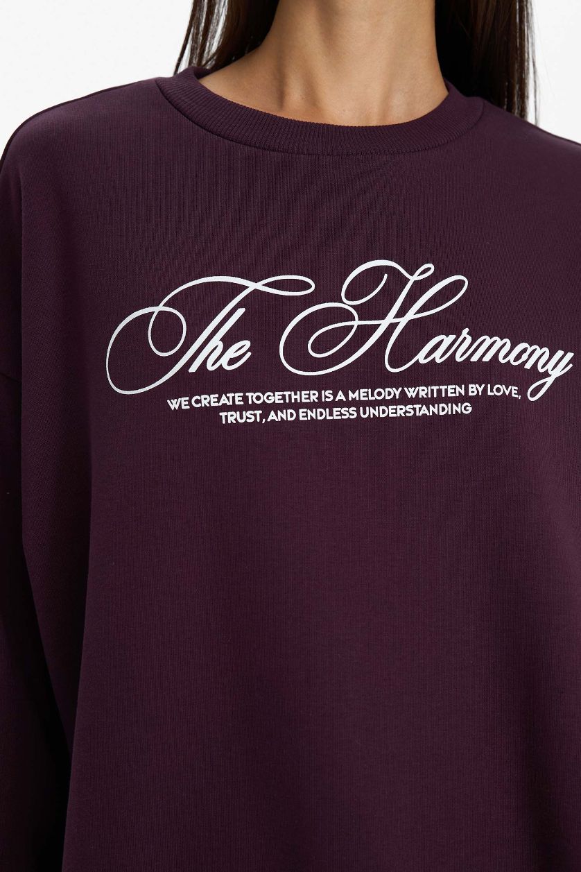 Kadın Koyu Mor Oversize Geniş Kalıp Bisiklet Yaka Baskılı Sweatshirt