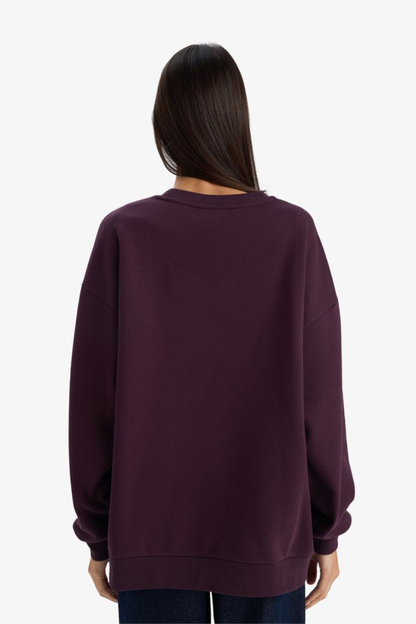 Kadın Koyu Mor Oversize Geniş Kalıp Bisiklet Yaka Baskılı Sweatshirt