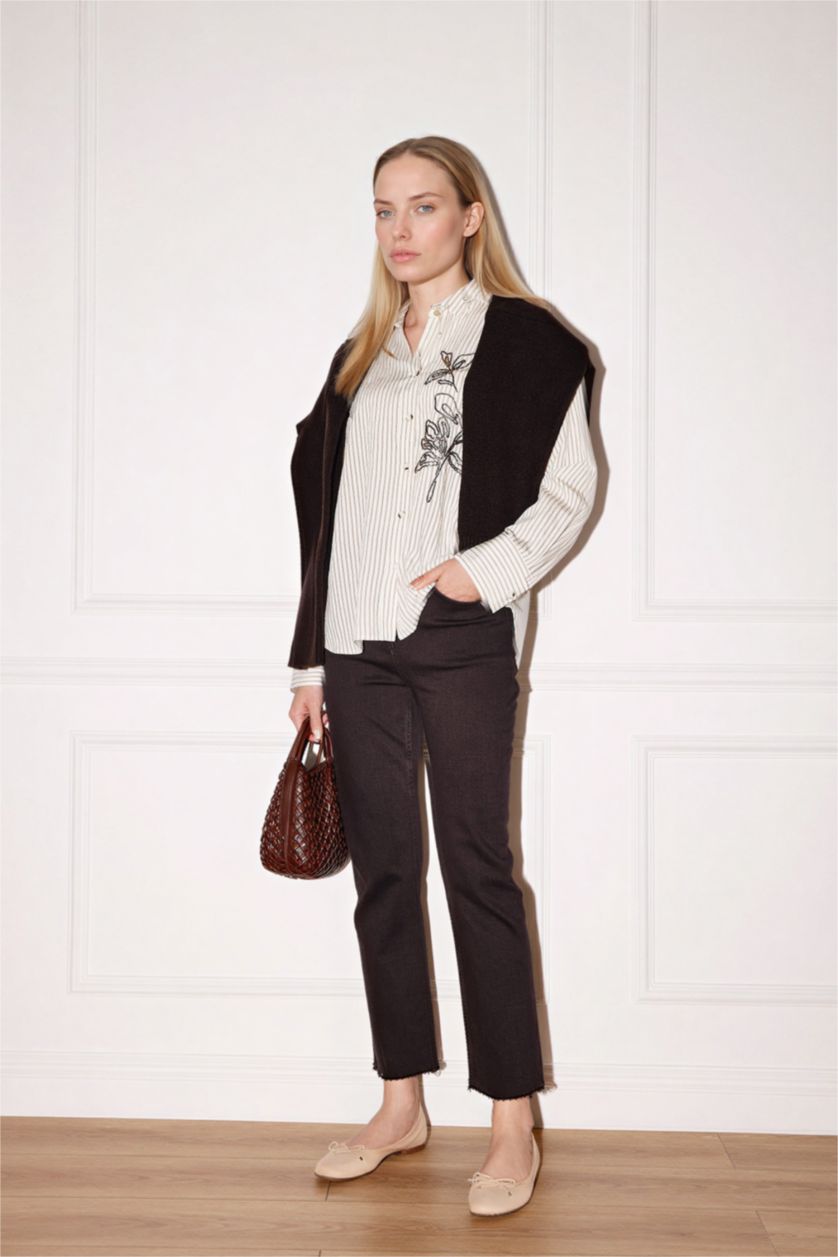 FEMME Marron Jean longueur cheville taille haute Coupe évasée