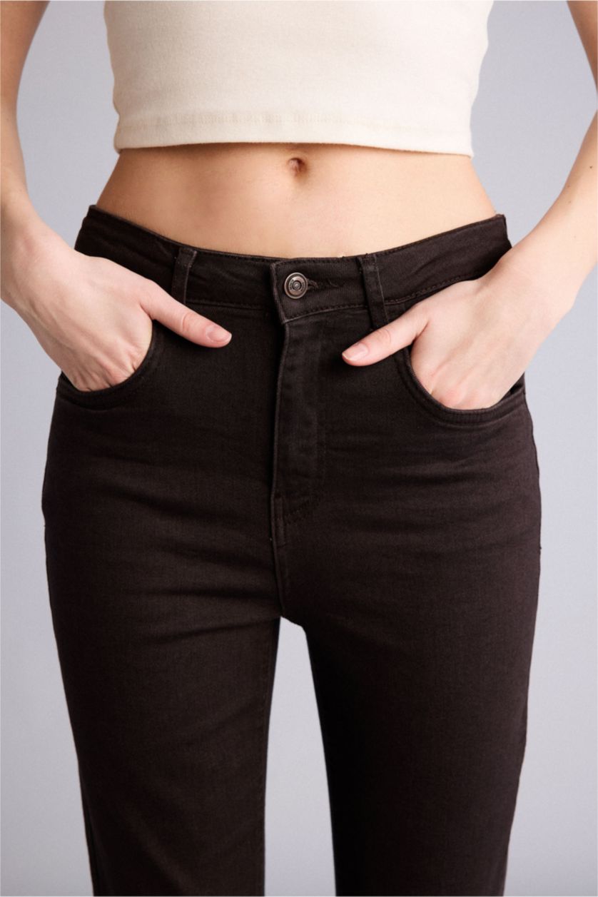 Kadın Kahve Yüksek Bel Crop Flare Fıt Pantolon