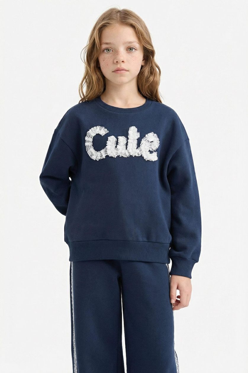 Kız Çocuk - Genç Kız Lacivert 2'li Takım Baskılı Sweatshirt Eşofman Altı Kız Çocuk