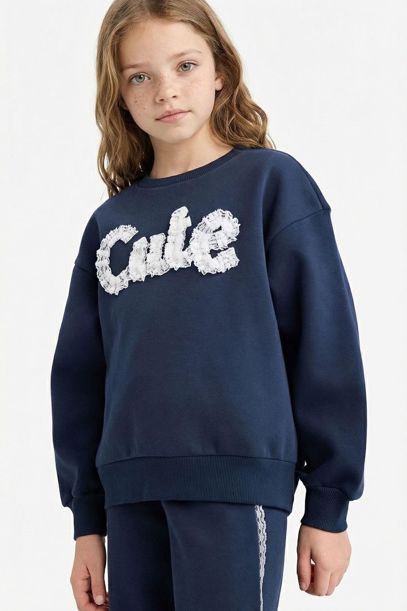 Kız Çocuk - Genç Kız Lacivert 2'li Takım Baskılı Sweatshirt Eşofman Altı Kız Çocuk