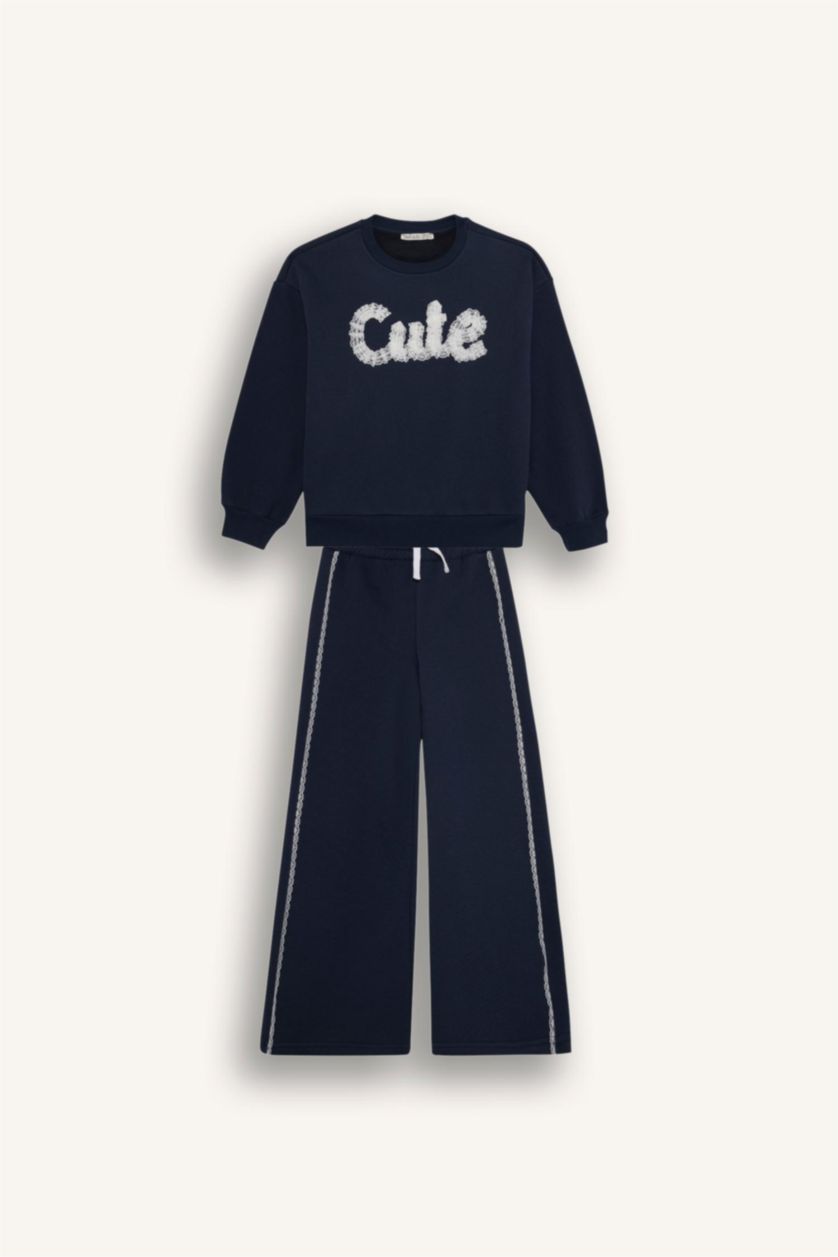 Kız Çocuk - Genç Kız Lacivert 2'li Takım Baskılı Sweatshirt Eşofman Altı Kız Çocuk