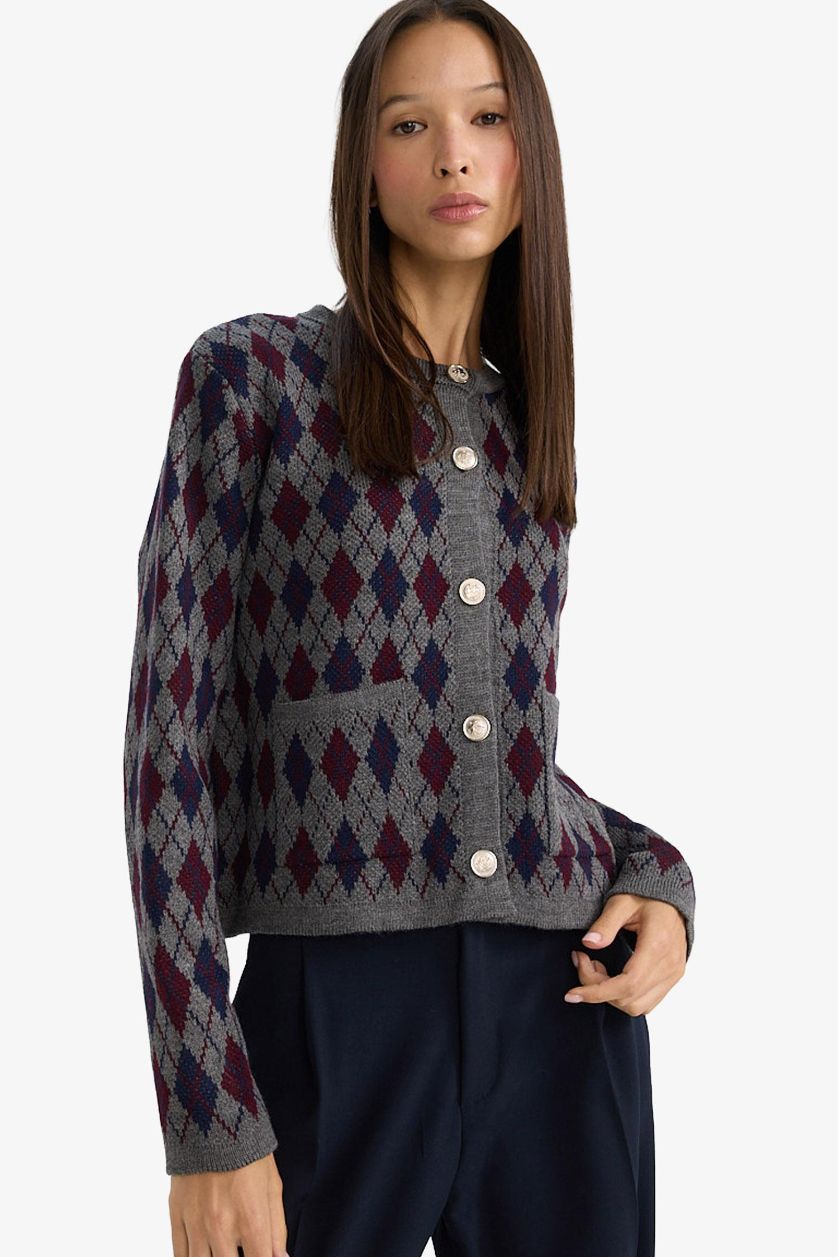 Woman Light Grey Regular Fit Crew Neck Knitwear Cardigan