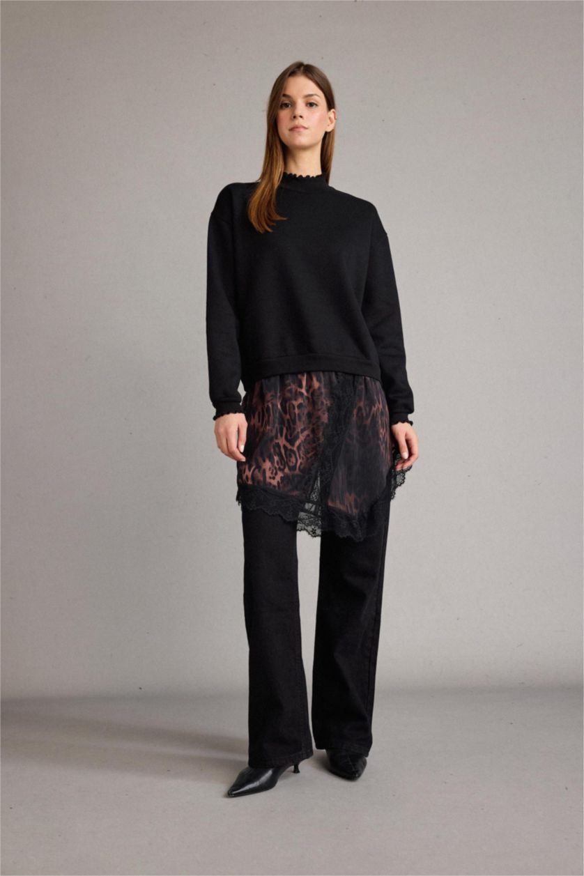 Woman Black Leopard Print Crew Neck Sweatshirt