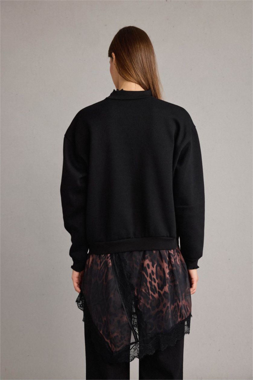 Woman Black Leopard Print Crew Neck Sweatshirt