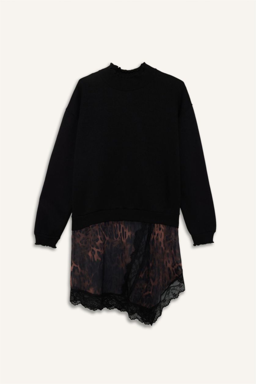 Woman Black Leopard Print Crew Neck Sweatshirt