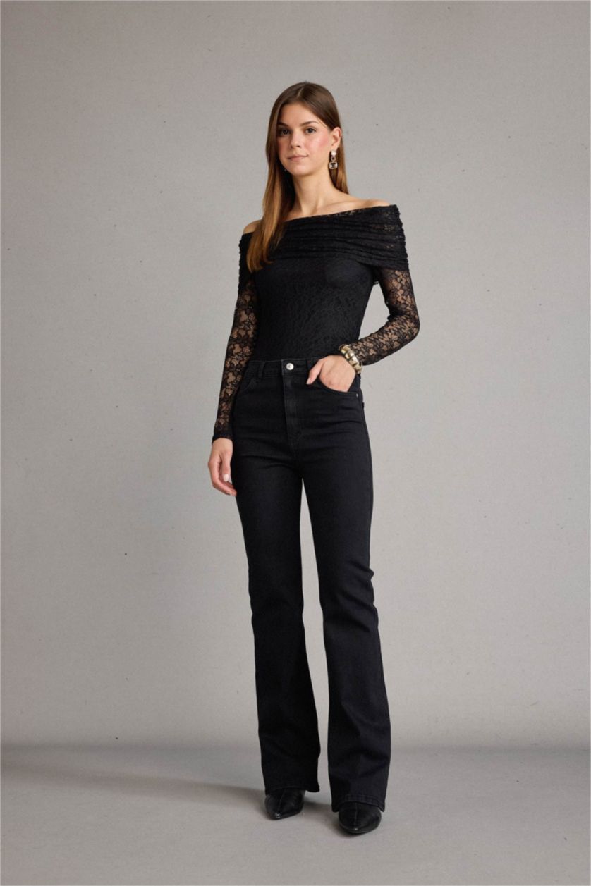 نساء أسود بلوزة تول ردن طويل بكتف مفتوح