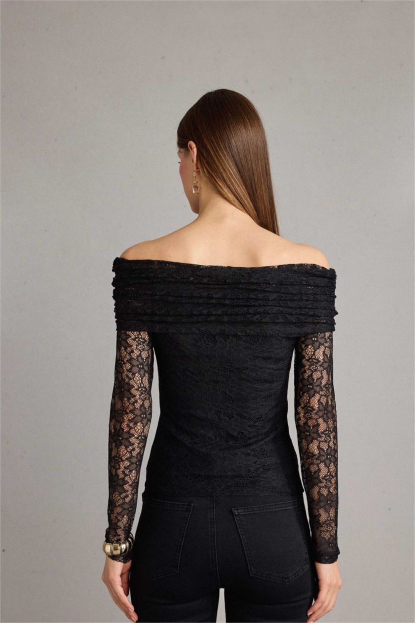 نساء أسود بلوزة تول ردن طويل بكتف مفتوح