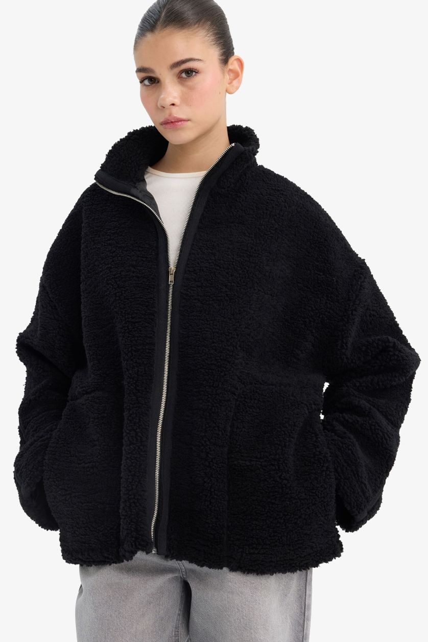 Kadın Siyah Oversize Geniş Kalıp Dik Yaka Fermuarlı Pelüş Hırka