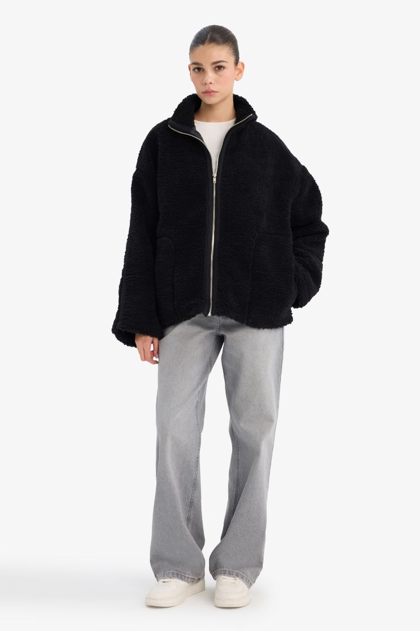 Kadın Siyah Oversize Geniş Kalıp Dik Yaka Fermuarlı Pelüş Hırka