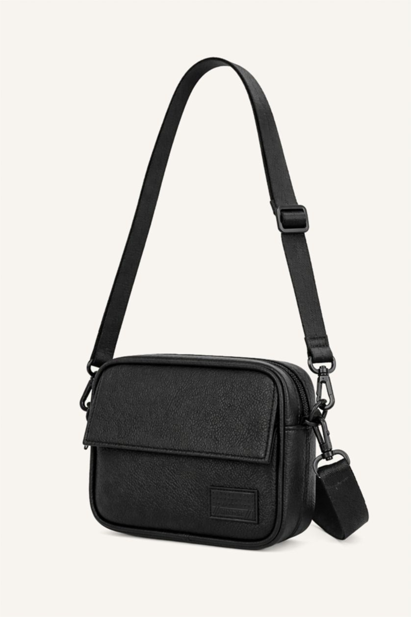MAN Black Faux Leather Crossbody Bag