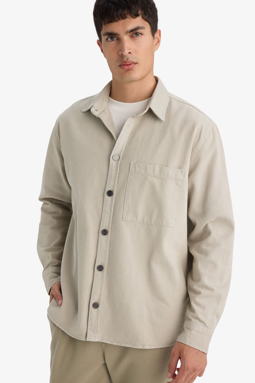 Man Grey Relax Fit Polo Collar Gabardine Long Sleeve Shirt