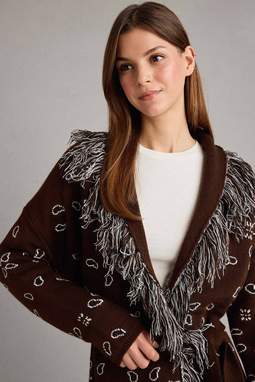 Woman Brown Standard Fit Tassel Detailed Long Cardigan