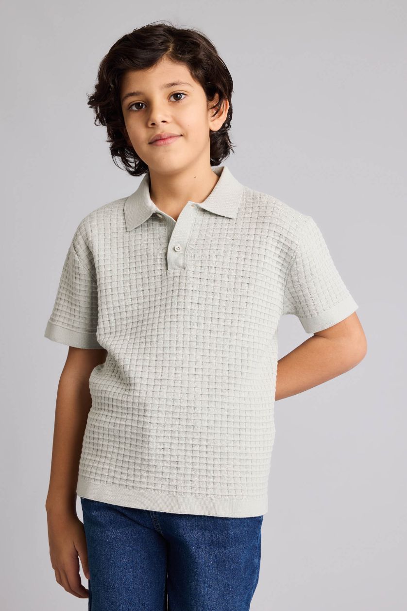 Erkek Çocuk - Genç Erkek Mint Polo Yaka Dokulu Pamuklu Kazak Erkek Çocuk