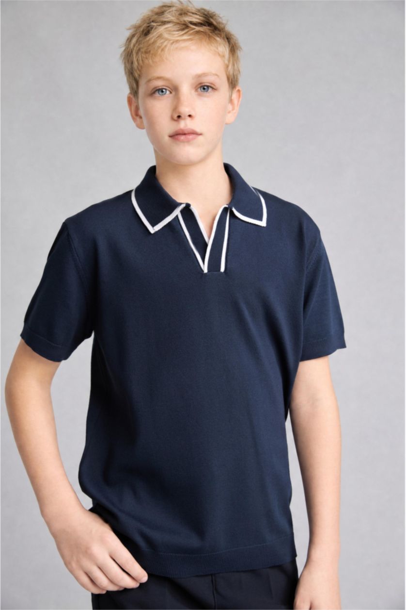 Мальчики и подростки Синий Футболка Regular Fit из вискозы с воротником-апаш для мальчиков