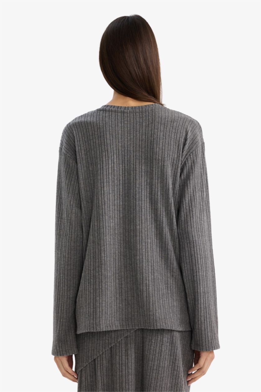 Женщины Антра-меланж Футболка Relax Fit в рубчик, с круглым вырезом, в полоску, с длинными рукавами