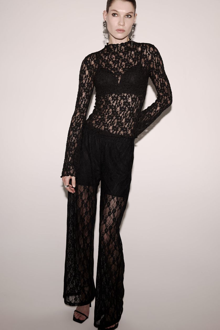 نساء أسود Slim Fit Half Turtleneck Lace Long Sleeve T-Shirt