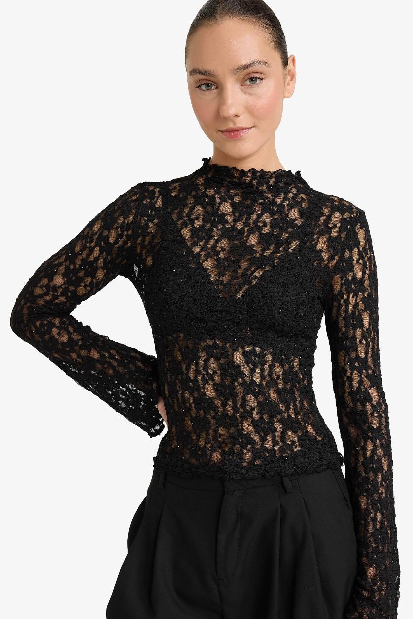 نساء أسود Slim Fit Half Turtleneck Lace Long Sleeve T-Shirt