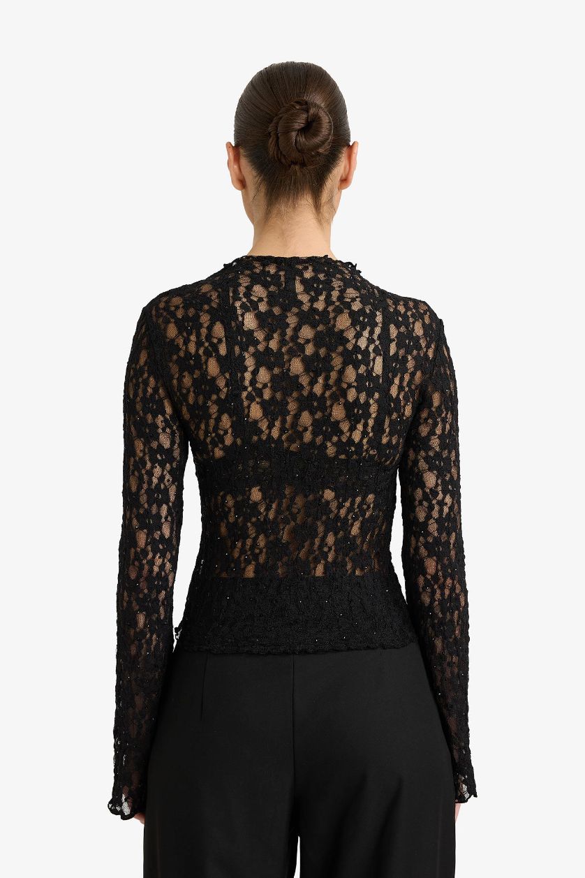 نساء أسود Slim Fit Half Turtleneck Lace Long Sleeve T-Shirt