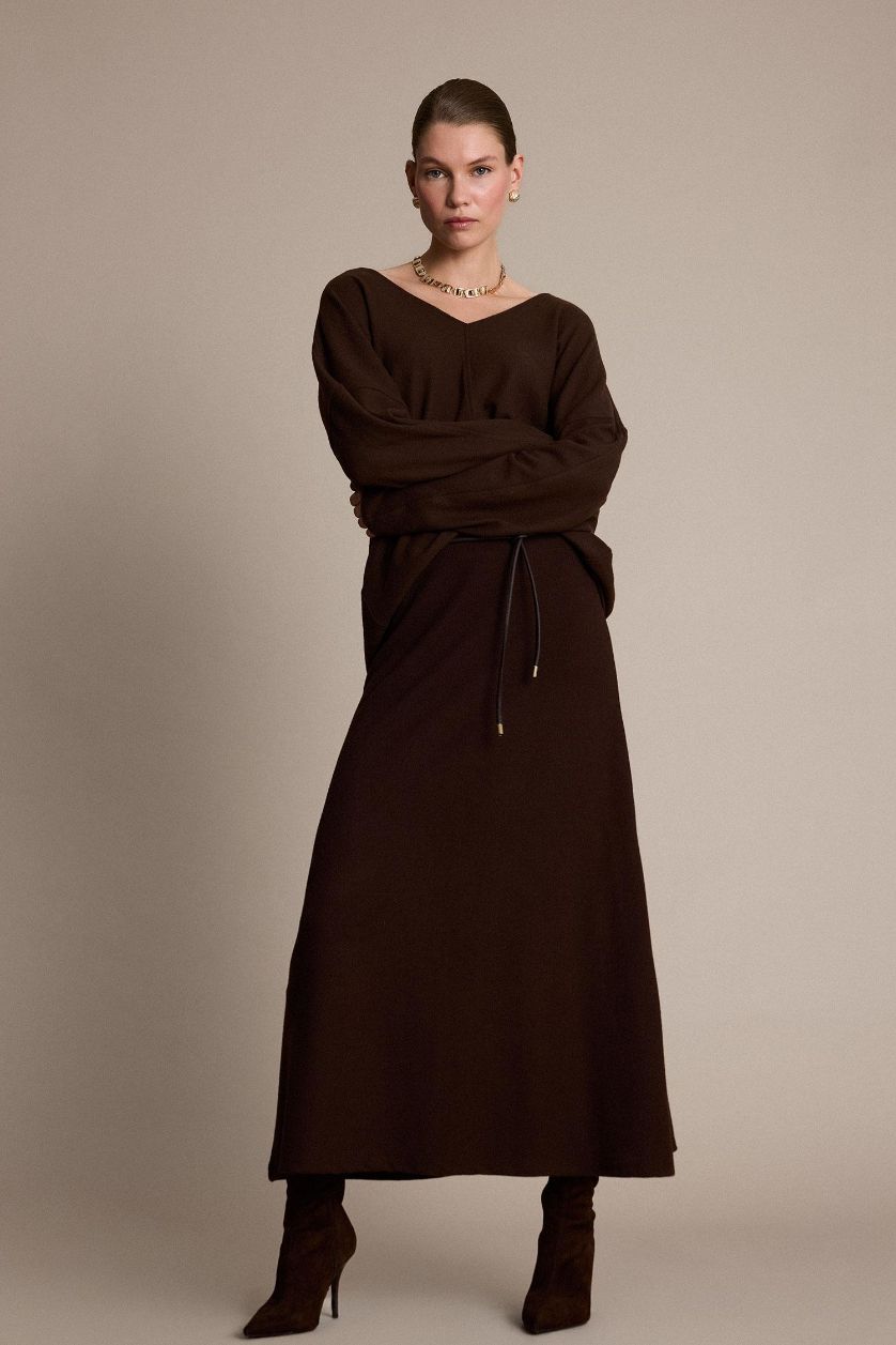 Kadın Koyu Kahve Relax Fıt V Yaka Ribana Sweatshirt