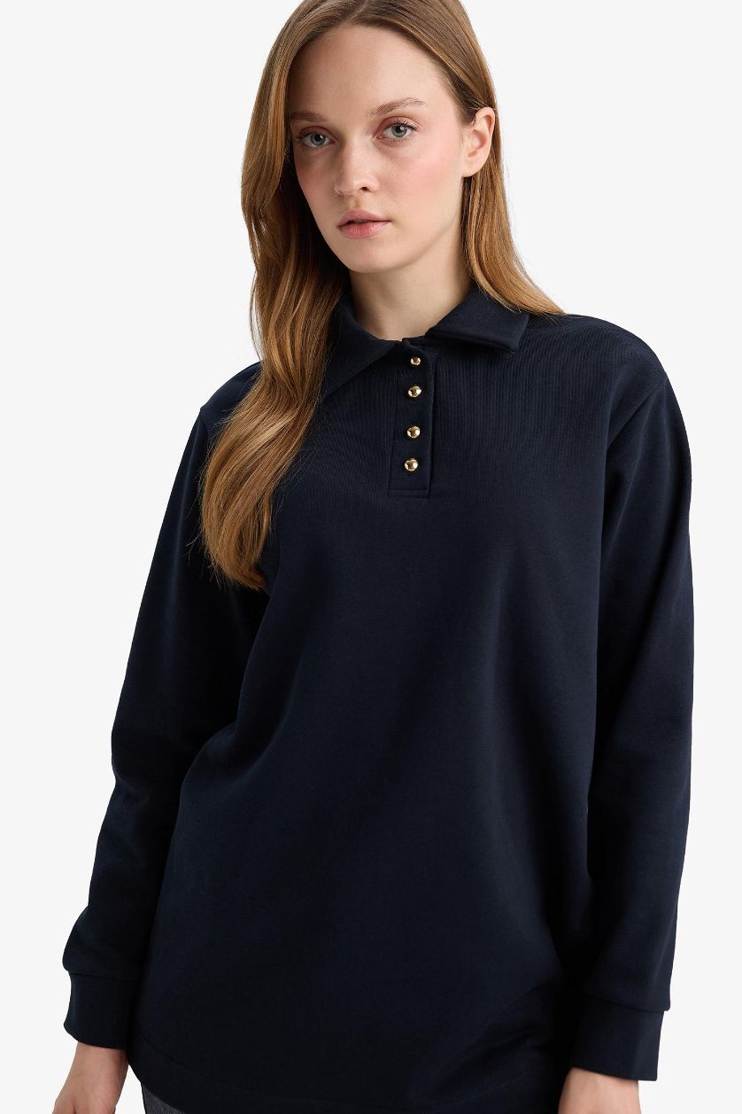 Kadın Lacivert Regular Fit Polo Yaka Uzun Kollu Sweatshirt Tunik