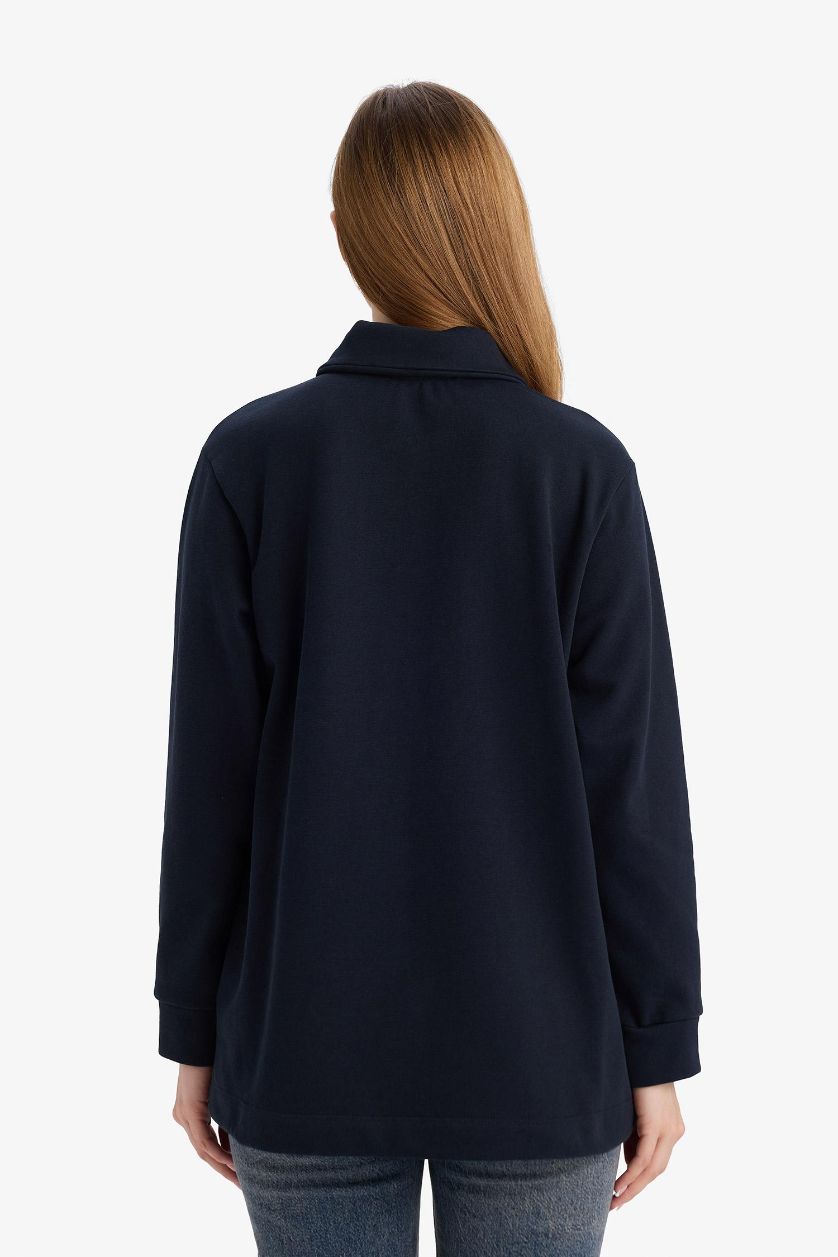 Kadın Lacivert Regular Fit Polo Yaka Uzun Kollu Sweatshirt Tunik