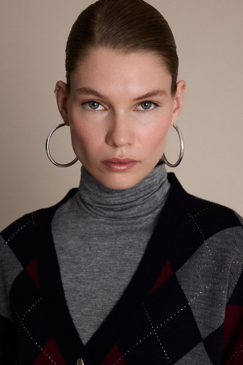 FEMME Marin Cardigan en maille boutonné à col V motif losange Coupe régulière