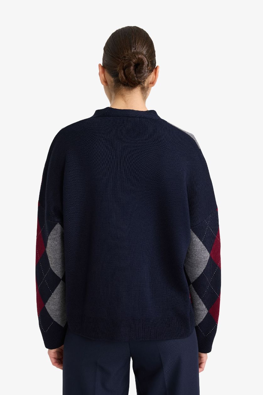 FEMME Marin Cardigan en maille boutonné à col V motif losange Coupe régulière