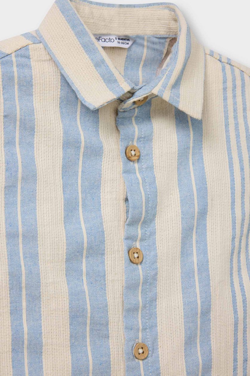 BABY BOY Light Blue Regular Fit Linen Blended Striped Long Sleeve Shirt