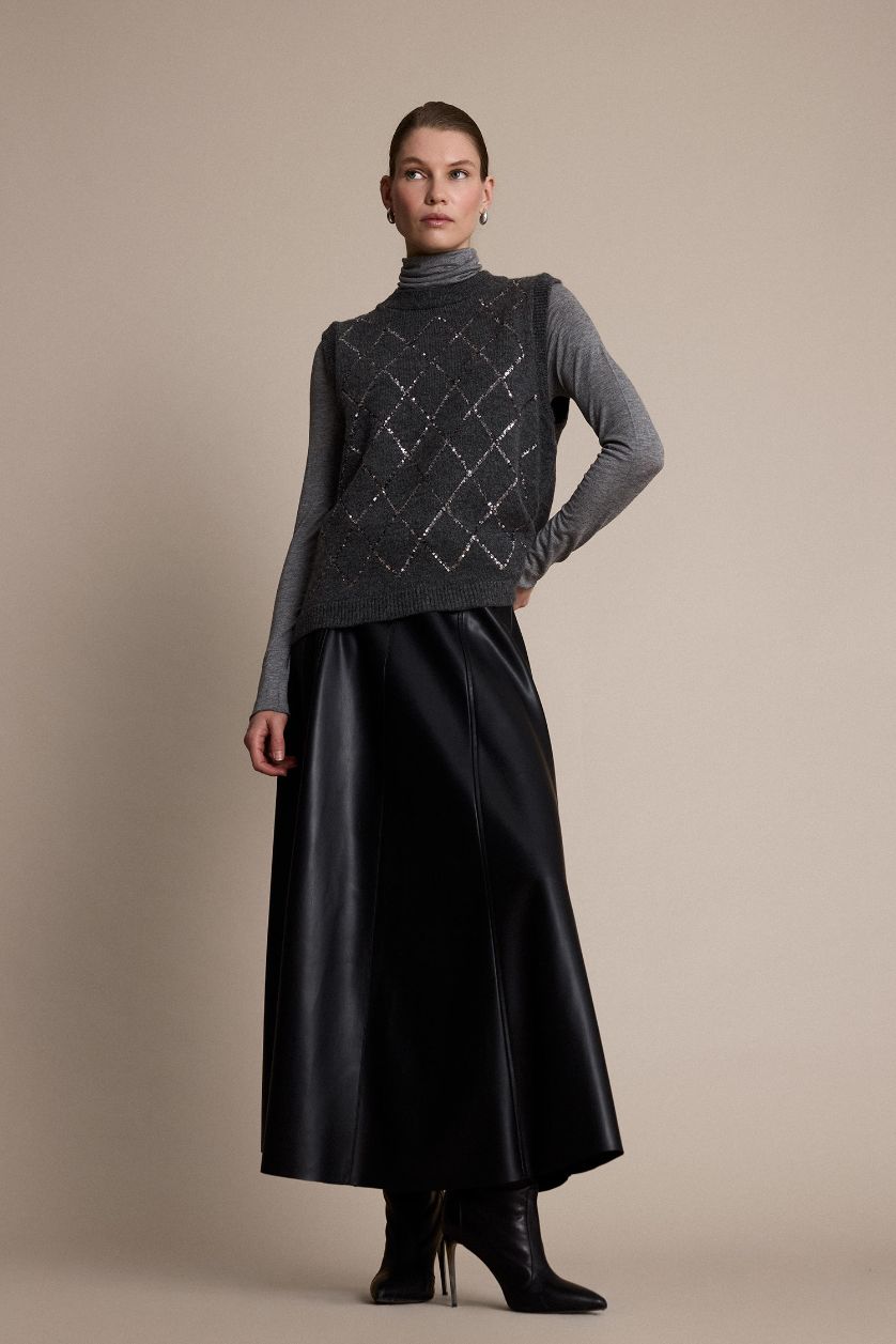 نساء أسود تنورة جلد صناعي بقصة A