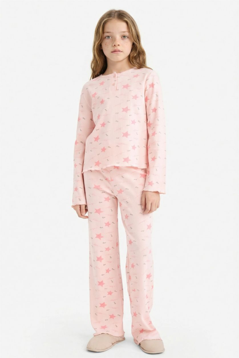 Kız Çocuk - Genç Kız Açık Pembe Fitilli Kaşkorse 2'li Pijama Takımı Kız Çocuk