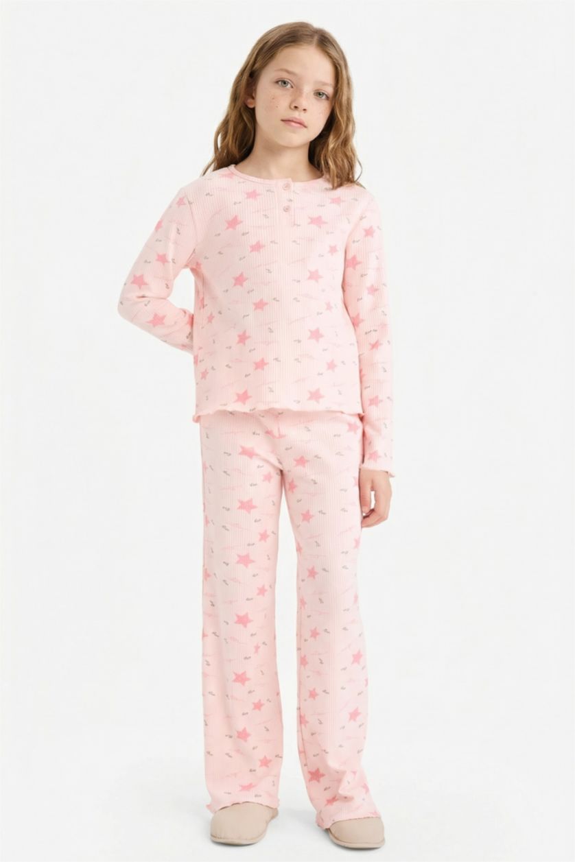 Kız Çocuk - Genç Kız Açık Pembe Fitilli Kaşkorse 2'li Pijama Takımı Kız Çocuk
