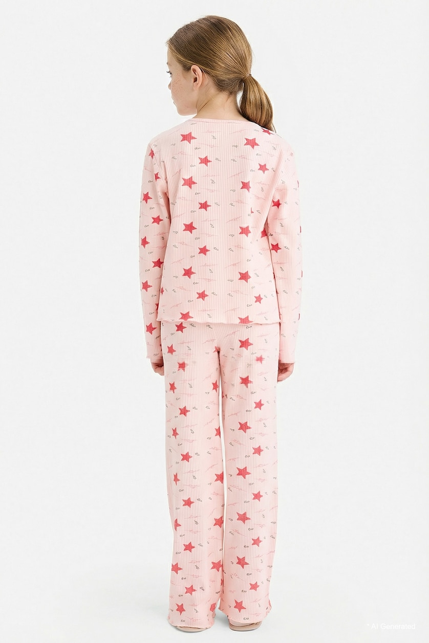 Kız Çocuk - Genç Kız Açık Pembe Fitilli Kaşkorse 2'li Pijama Takımı Kız Çocuk