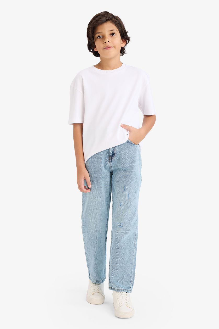 Erkek Çocuk - Genç Erkek Açık Mavi Loose Fit Yırtık Detaylı Düz Paça Jean Pantolon Erkek Çocuk